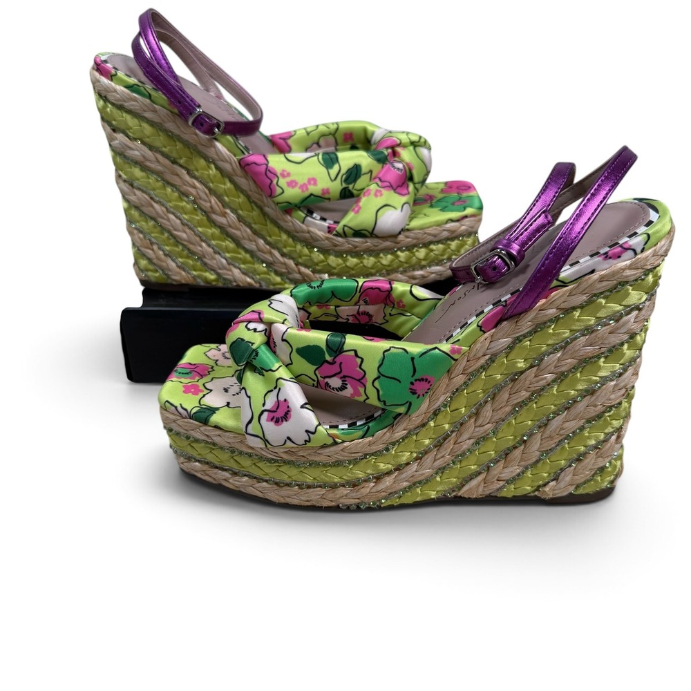 Betsey Johnson Pansie Wedge Sandals Womens 7M Green Floral Sequin Espadrille